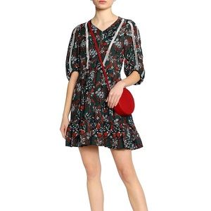 Maje dark green embroidered floral balloon sleeves dress